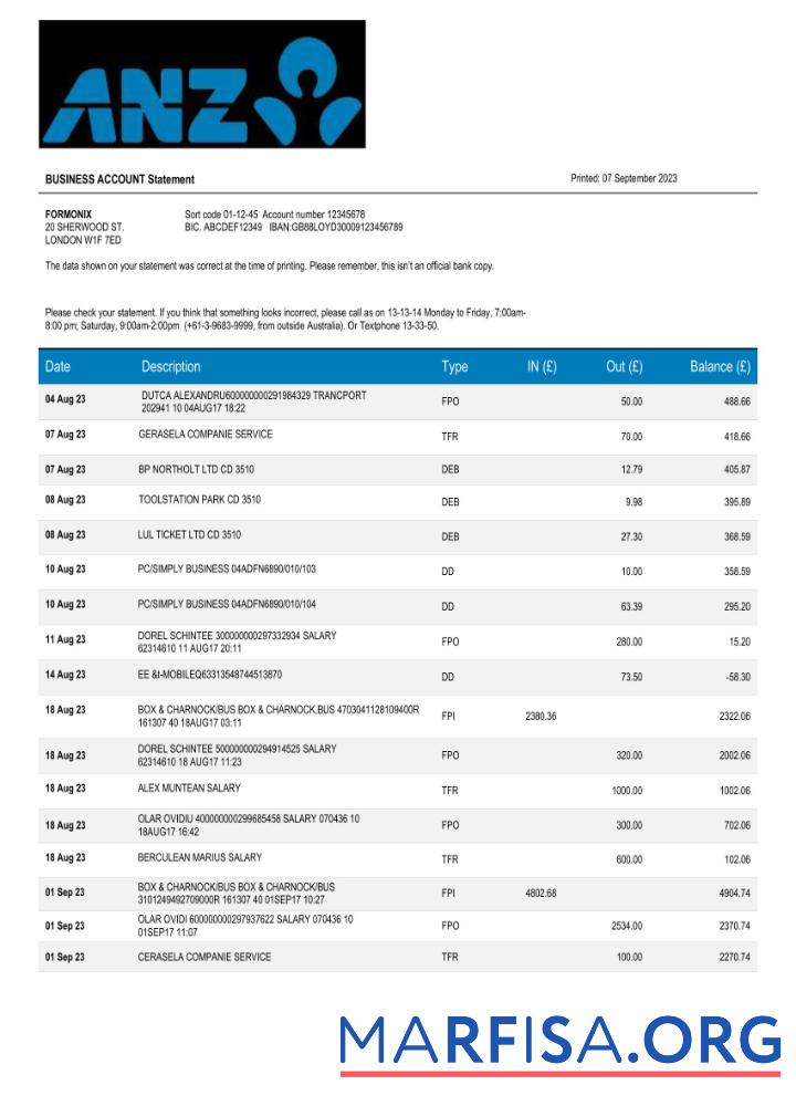Printable ANZ Bank corporate statement Word and PDF template